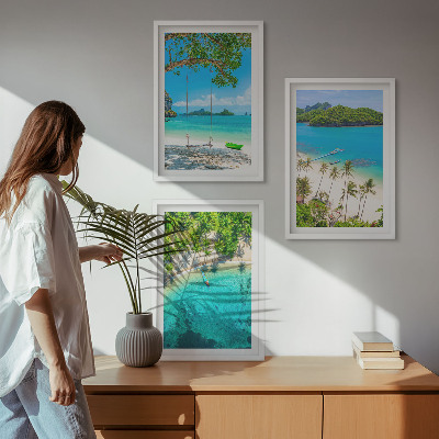 Set of 3 framed wall art pieces Beaches, palm trees, clear water