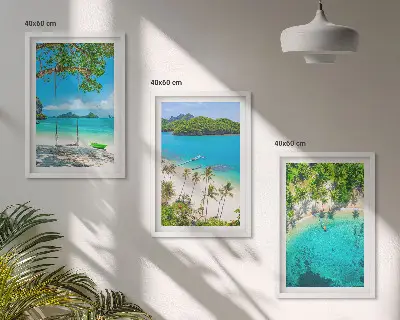 Set of 3 framed wall art pieces featuring beaches, palm trees, and clear water