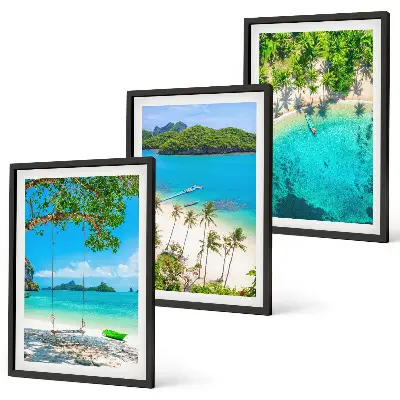 Set of 3 framed wall art pieces featuring beaches, palm trees, and clear water