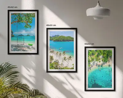 Set of 3 framed wall art pieces featuring beaches, palm trees, and clear water