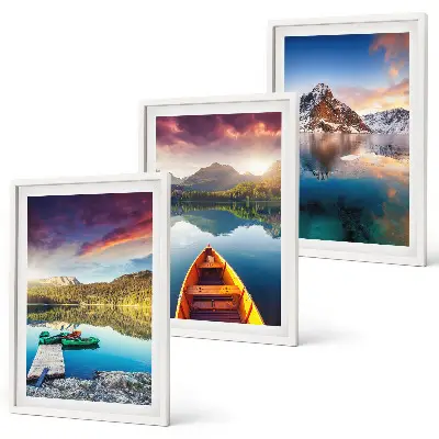 Three-piece wall art set featuring a landscape of lakes, mountains, and a boat