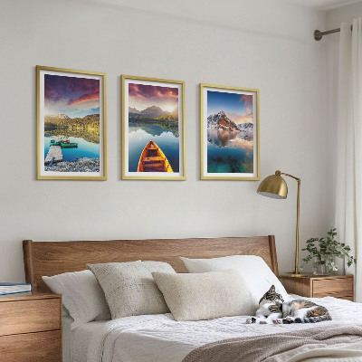 Three-piece wall art piece Lakes mountains boat peace