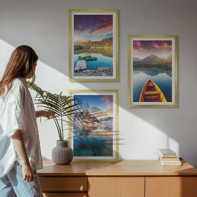 Three-piece wall art piece Lakes mountains boat peace