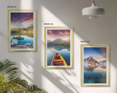 Three-piece wall art set featuring a landscape of lakes, mountains, and a boat