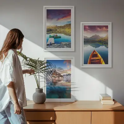 Three-piece wall art set featuring a landscape of lakes, mountains, and a boat