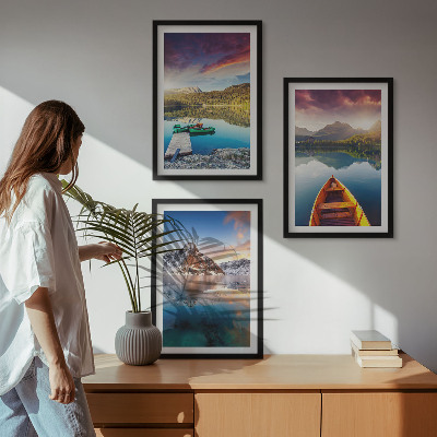 Three-piece wall art piece Lakes mountains boat peace