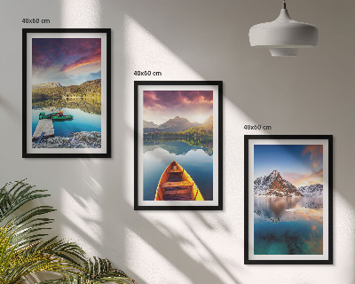 Three-piece wall art piece Lakes mountains boat peace