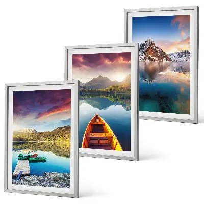 Three-piece wall art set featuring a landscape of lakes, mountains, and a boat