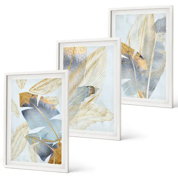 Set of 3 framed wall art pieces with light blue and beige leaves