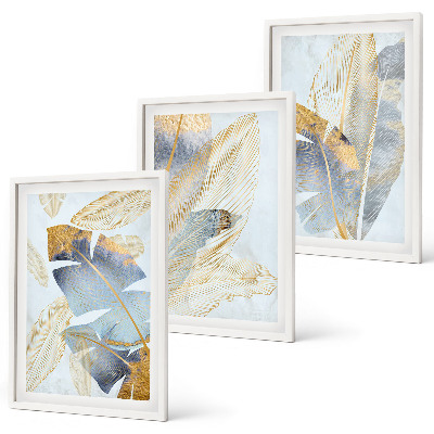 Set of 3 framed wall art pieces Light blue-beige leaves