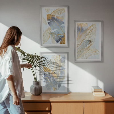 Set of 3 framed wall art pieces Light blue-beige leaves