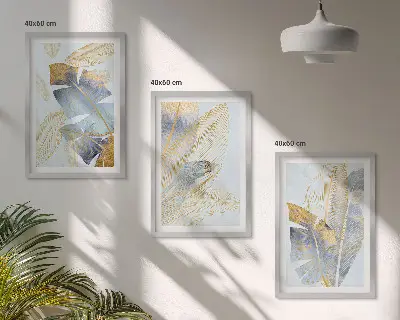 Set of 3 framed wall art pieces with light blue and beige leaves