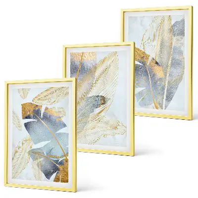 Set of 3 framed wall art pieces with light blue and beige leaves