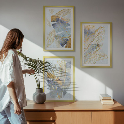 Set of 3 framed wall art pieces Light blue-beige leaves