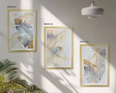 Set of 3 framed wall art pieces with light blue and beige leaves