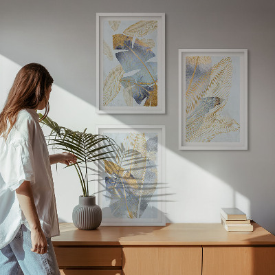 Set of 3 framed wall art pieces Light blue-beige leaves