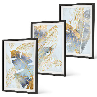 Set of 3 framed wall art pieces Light blue-beige leaves