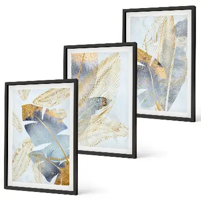 Set of 3 framed wall art pieces with light blue and beige leaves