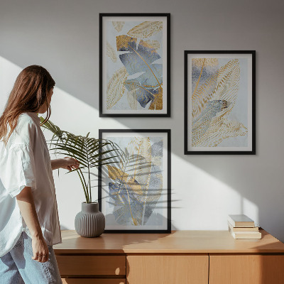 Set of 3 framed wall art pieces Light blue-beige leaves