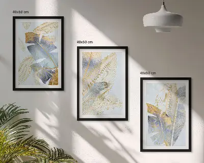 Set of 3 framed wall art pieces with light blue and beige leaves