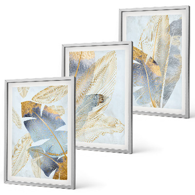 Set of 3 framed wall art pieces Light blue-beige leaves