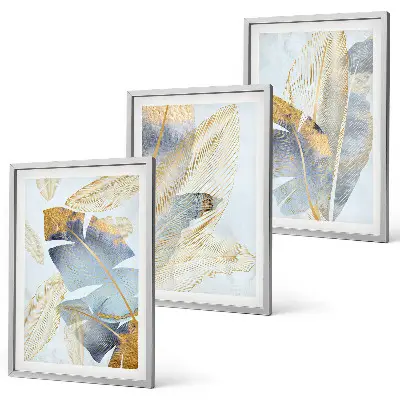 Set of 3 framed wall art pieces with light blue and beige leaves
