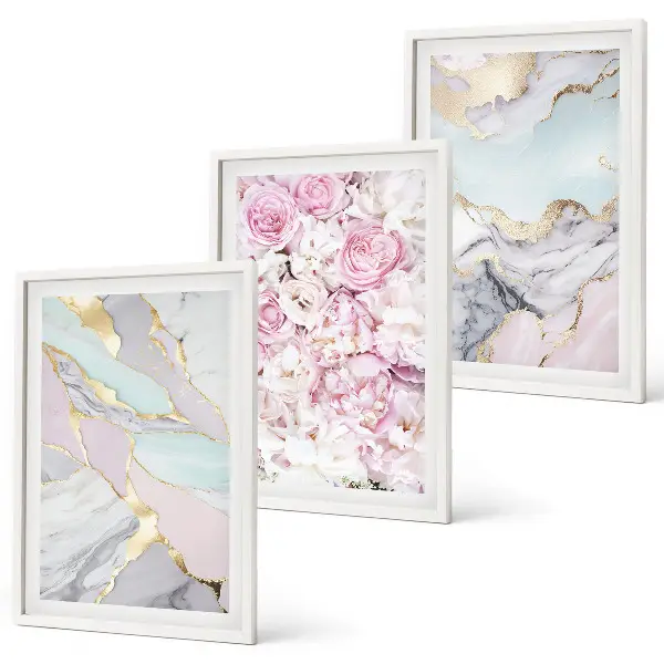 Three-piece marble floral wall art pink and pastel flower design