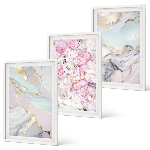 Three-piece wall art piece Pink flowers marble pastel