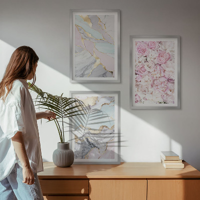 Three-piece wall art piece Pink flowers marble pastel