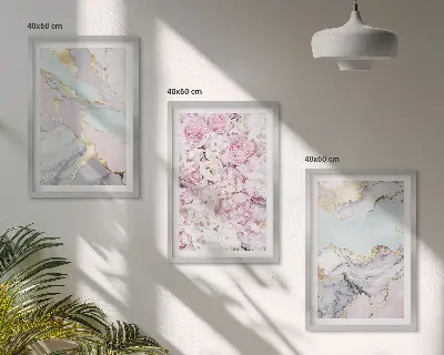 Three-piece marble floral wall art pink and pastel flower design