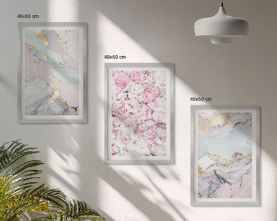 Three-piece wall art piece Pink flowers marble pastel
