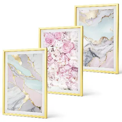 Three-piece marble floral wall art pink and pastel flower design