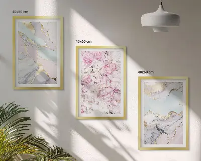 Three-piece marble floral wall art pink and pastel flower design