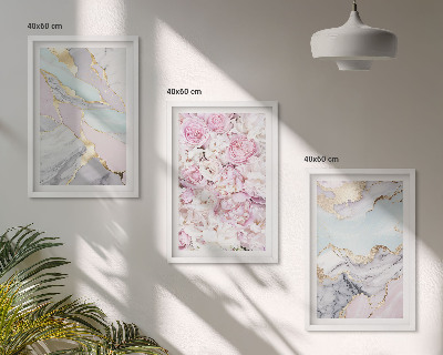 Three-piece wall art piece Pink flowers marble pastel