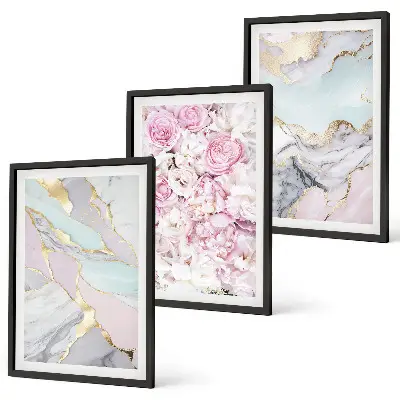 Three-piece marble floral wall art pink and pastel flower design