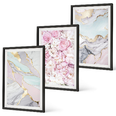 Three-piece wall art piece Pink flowers marble pastel