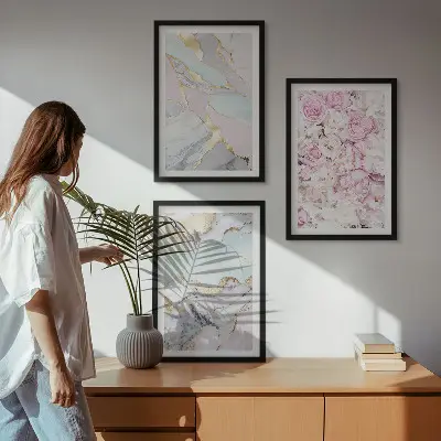Three-piece marble floral wall art pink and pastel flower design