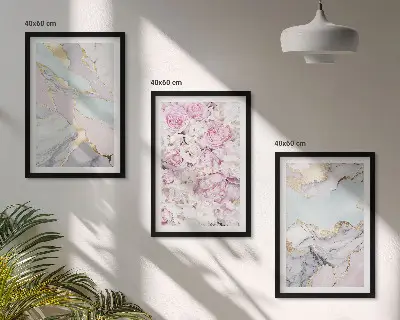 Three-piece marble floral wall art pink and pastel flower design