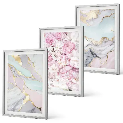 Three-piece marble floral wall art pink and pastel flower design