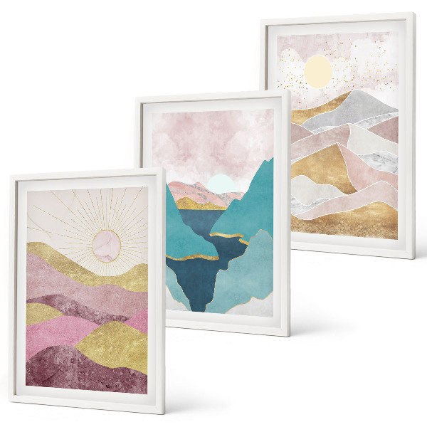 Set of 3 framed wall art pieces Abstract mountains sun
