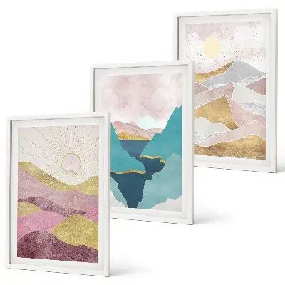 Abstract mountains sun wall art set of 3 framed pieces