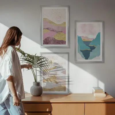 Abstract mountains sun wall art set of 3 framed pieces