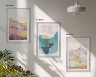 Abstract mountains sun wall art set of 3 framed pieces