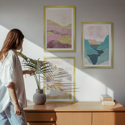 Set of 3 framed wall art pieces Abstract mountains sun