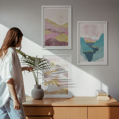 Set of 3 framed wall art pieces Abstract mountains sun