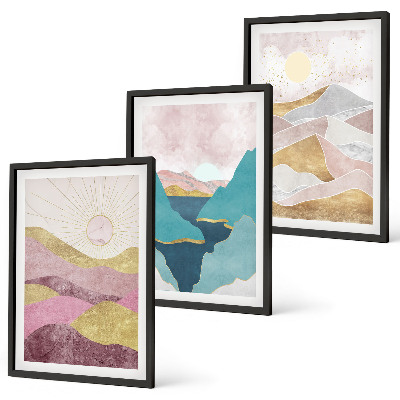 Set of 3 framed wall art pieces Abstract mountains sun