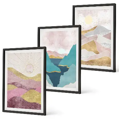 Abstract mountains sun wall art set of 3 framed pieces