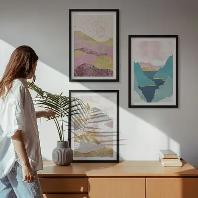 Abstract mountains sun wall art set of 3 framed pieces