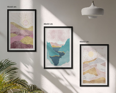 Set of 3 framed wall art pieces Abstract mountains sun