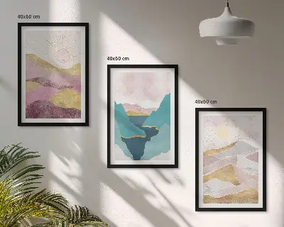 Abstract mountains sun wall art set of 3 framed pieces